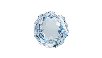 Exquisite large faceted crystal gemstone design resembling a stylized flower or jewel with intricate light reflections on transparent background