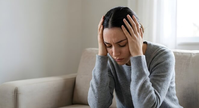 Sad Young Woman Suffering from Headache and Depression Sitting on Sofa at Home Mental Health