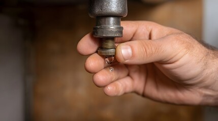 Fototapeta premium A hand holds a leaky pipe fitting as a water droplet falls