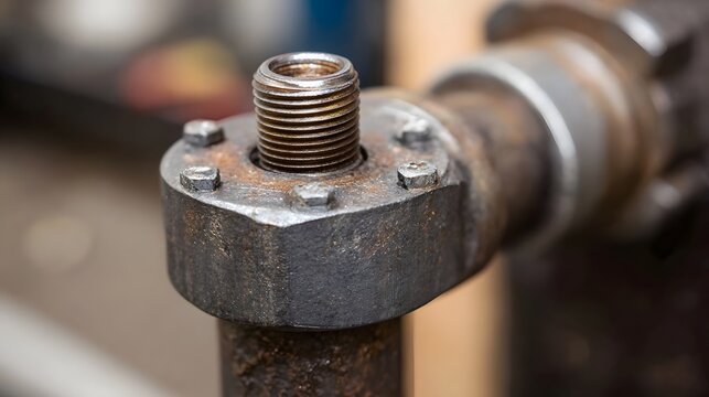 Detailed close up capturing a rusty weathered industrial pipe fitting secured by a hexagonal nut and bolts with a threaded stud
