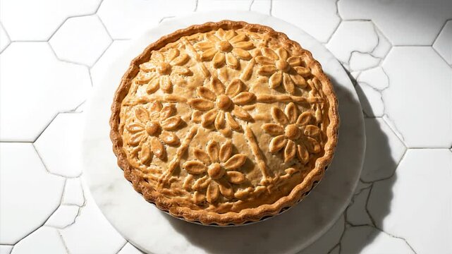 Overhead view of a freshly baked pie with floral design on white surface