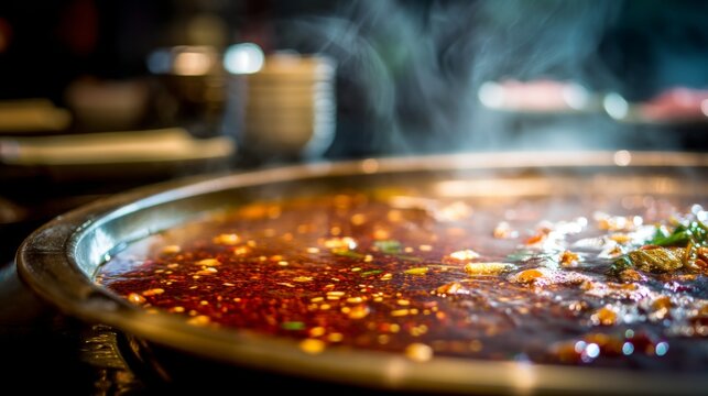 Steaming Hot Broth with Spices and Ingredients in a Round Metal Pot, Featuring Aromatic Vapors Rising in a Cozy Dining Atmosphere