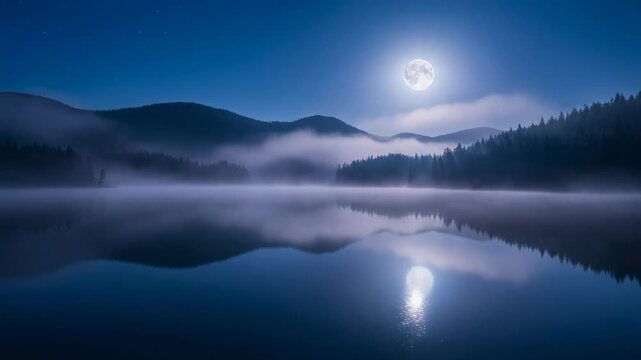 Peaceful moonlit night over misty lake with forest and mountain reflections in calm water