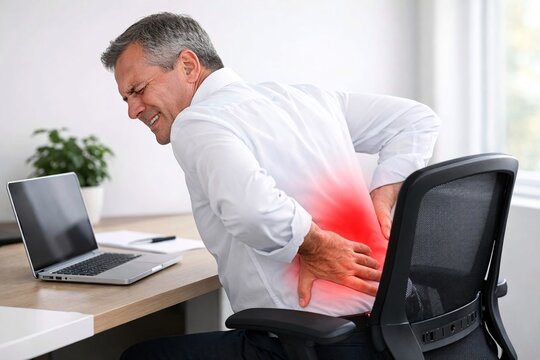 AI-generated conceptual illustration of a fictional office worker experiencing lower back pain while sitting at desk, ergonomics, posture problem, workplace health and wellness concept