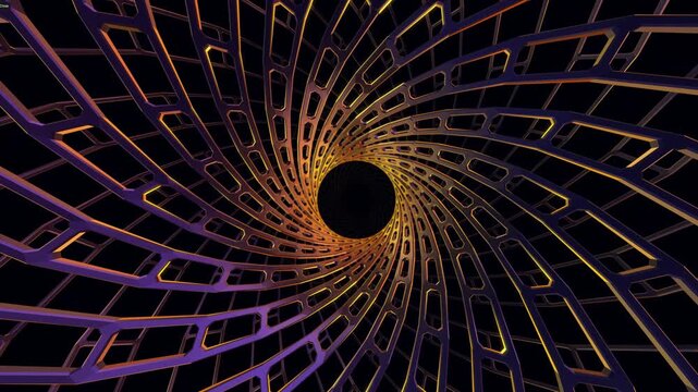 Abstract 3D rendering of a spiral structure formed by interlocking wireframe grids with orange and purple lighting on a black background