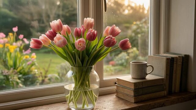 Pink tulips in glass vase on windowsill with books and coffee cup in cozy home setting