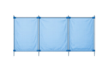 Three light blue fabric panels supported by metal poles and blue connectors