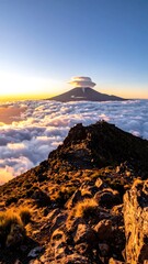 Majestic Mountain Peak Above Clouds at Sunset - A Breathtaking Landscape.