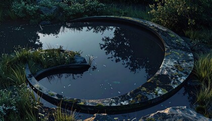 Crescent-shaped pool reflects a cloudy sky surrounded by lush greenery
