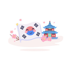South Korea National Symbols Cute Illustration With Flag Pagoda And Cherry Blossoms. Korean Culture Vector Design Featuring Taegukgi Traditional Architecture And Spring Flowers