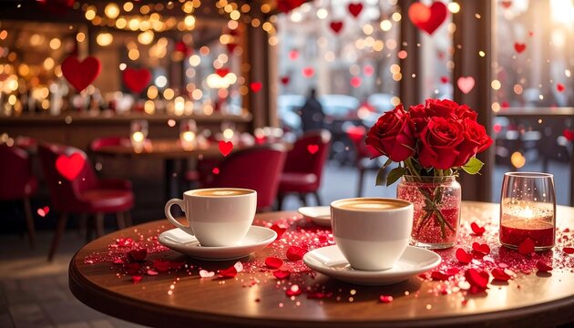 Romantic cafe setting. Coffee cups, roses, and floating hearts on a table with soft lighting, creating a warm atmosphere