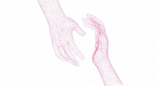 Minimalist pointillist sketch of two hands reaching toward each other made of pink dots on a white background representing connection in modern digital line art style