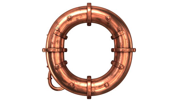 Steampunk-style circular copper pipe with bolts and curved connecting piece, black background