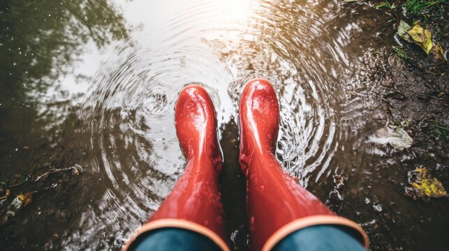 Flood red rubber boots standing in a rain puddle, creating ripples on the water surface, reflecting branches and light