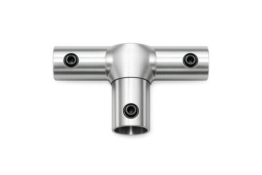 Shiny metal T-joint connector with screws for pipe assembly and construction projects