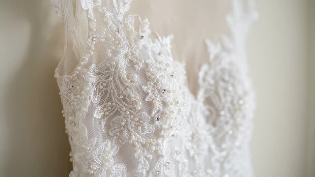 Elegant white lace wedding dress with pearl and bead embroidery close up bridal gown detail