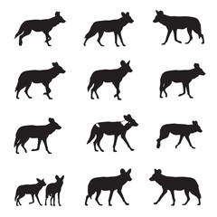 Obraz premium Black African wild dog Silhouette Vector Illustration design, Solid White Background