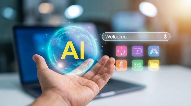 Businessman hand holding virtual artificial intelligence sphere with generative content icons and digital welcome search bar interface, future technology innovation concept with laptop.