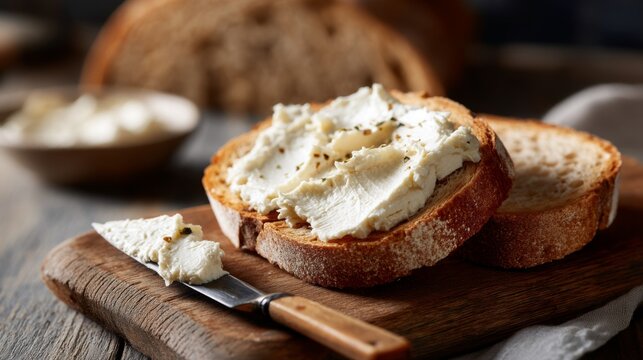 Freshly Spread Cream Cheese on Rustic Bread Slice with Wooden Knife and Natural Lighting in a Cozy Kitchen Setting for Culinary Photography
