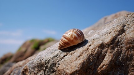 A solitary striped snail shell rests on a textured rock under a bright blue sky