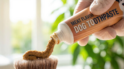Hand squeezing meat flavor dog toothpaste onto a toothbrush in home  