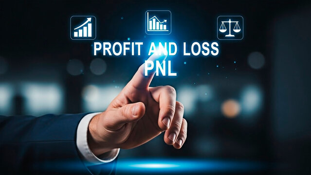 A businessman interacting with a digital profit and loss dashboard for financial analysis