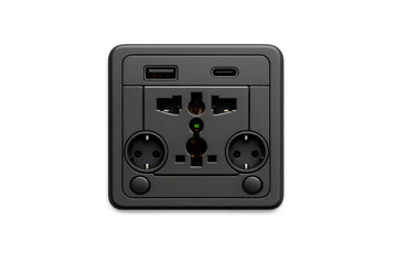 Modern universal power adapter with USB-A, USB-C, and XLR ports on black background