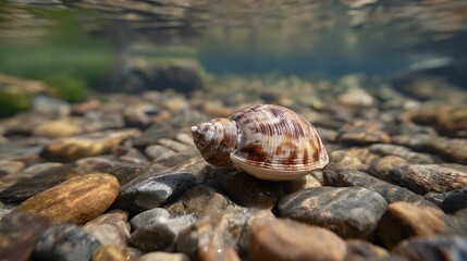 An aquatic snail with a distinct patterned shell rests peacefully on a sunlit rocky riverbed in clear shallow water showcasing natural river life