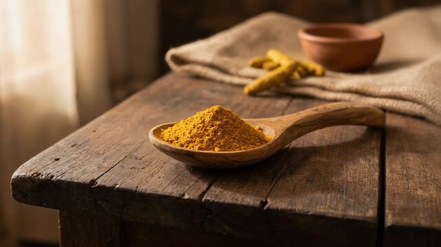 Fresh turmeric powder in wooden spoon on rustic table with turmeric roots and natural light