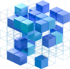 Data Analysis, Big data concept. Cubes and cube wireframes arranged in threedimensional space. Shades of blue. Transparent background