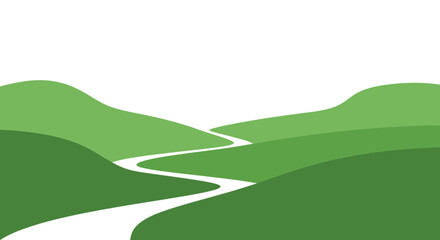 Green rolling hills with winding road, nature landscape illustration