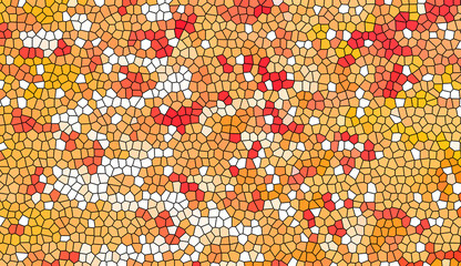 Abstract autumn mosaic background with vibrant orange red and yellow geometric cells. Creative artistic stained glass texture with warm sunset colors and intricate pebble pattern.