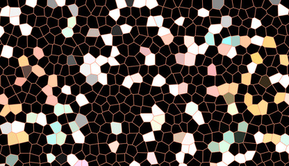 Abstract dark mosaic background with glowing pastel geometric cells on black. Creative artistic stained glass texture with minimalist organic pattern and high contrast aesthetic.