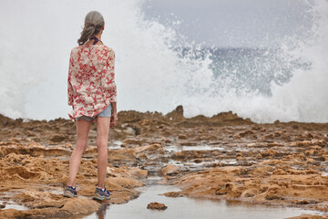 Mature woman looking the sea. Retiremet pensioner elderly. Relaxing lifestyle