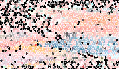 Abstract colorful mosaic background with pastel pink blue and orange stained glass texture. Creative artistic geometric pattern with stippled grit and scattered black accents.