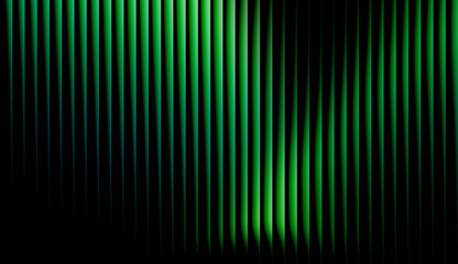Abstract digital technology background with glowing emerald green vertical waves. Futuristic cyber data stream aesthetic with vibrant light rays on dark black backdrop.