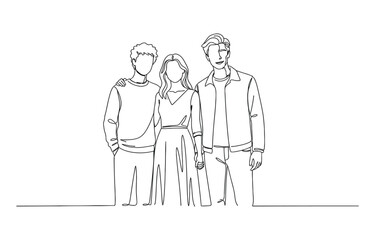 One line drawing of three friends standing together.