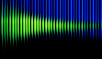 Abstract digital wave background with glowing neon green and blue vertical lines. Modern futuristic technology aesthetic with vibrant light rays on dark black backdrop.