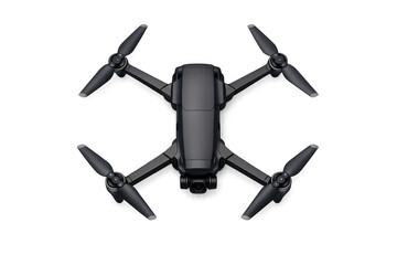 Sleek black drone with four propellers isolated on a solid black background, top-down view