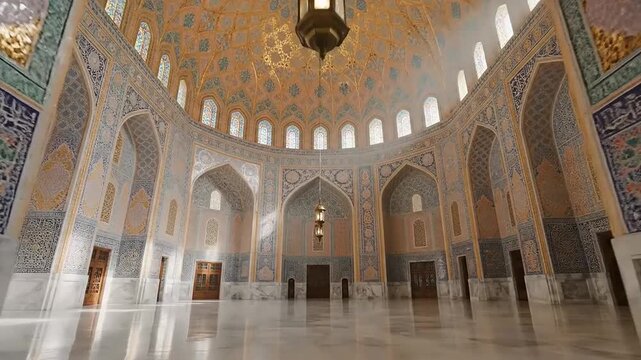 Ornate Mosque Interior with Archways and Dome.