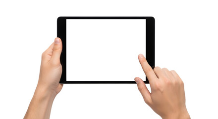 Person holding tablet with white screen and touching it isolated on a transparent background