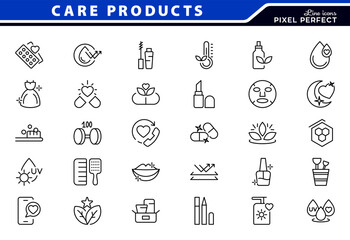 Fototapeta premium Care Product line icon set. Organic, natural, vegan, canti-age, showcasing, skincare, retinol compound, sunscreen outline icons