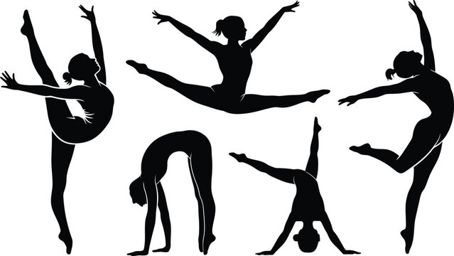 Collection of Flexible Female Gymnastics and Dance Silhouettes, Diverse Poses Showcasing Strength and Agility