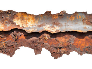 Naklejka premium Rusty metal strip with heavy corrosion texture and orange oxidation, industrial grunge element isolated on transparent background.