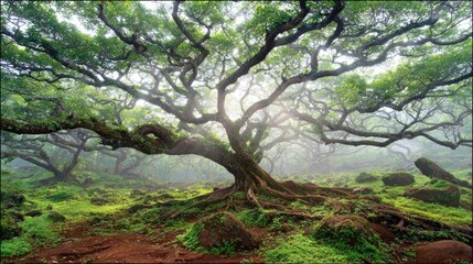 Ancient tree with sprawling branches in a lush green forest landscape
