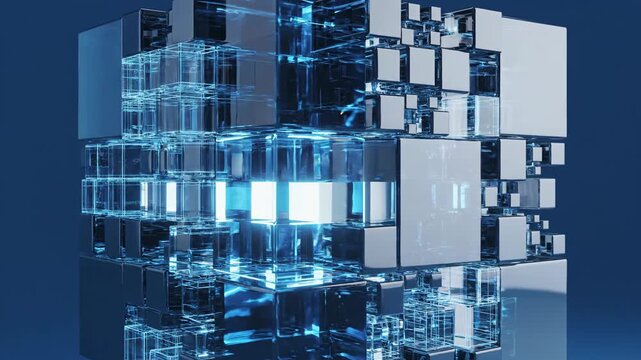 Abstract geometric cube structure with metallic and transparent elements