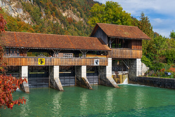 Unterseen, Switzerland with the Aare River Dam