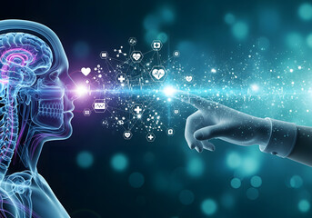 Digital neural interface and brain scan visualization with medical data points and futuristic connectivity