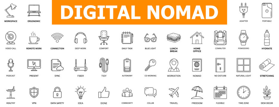 Digital nomad modern outline icon set featuring work environment tools travel essentials and remote lifestyle symbols for flexible professional freedom and global connectivity projects.