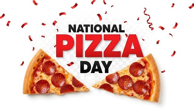 Celebrating national pizza day with two delicious slices of pepperoni pizza and falling red confetti streamers creating a festive promotional design for food holidays and celebrations.